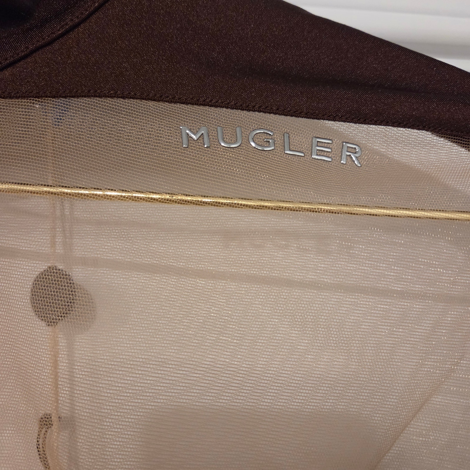 Mugler Brown Illusion Neckline Mesh Cutout Bodysuit Size 12 — image 6 of 8